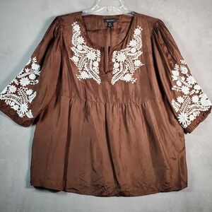 Karen Kane Top Womens 2X Brown Silk Floral Embroidery Puff Sleeve Boho Peasant‎